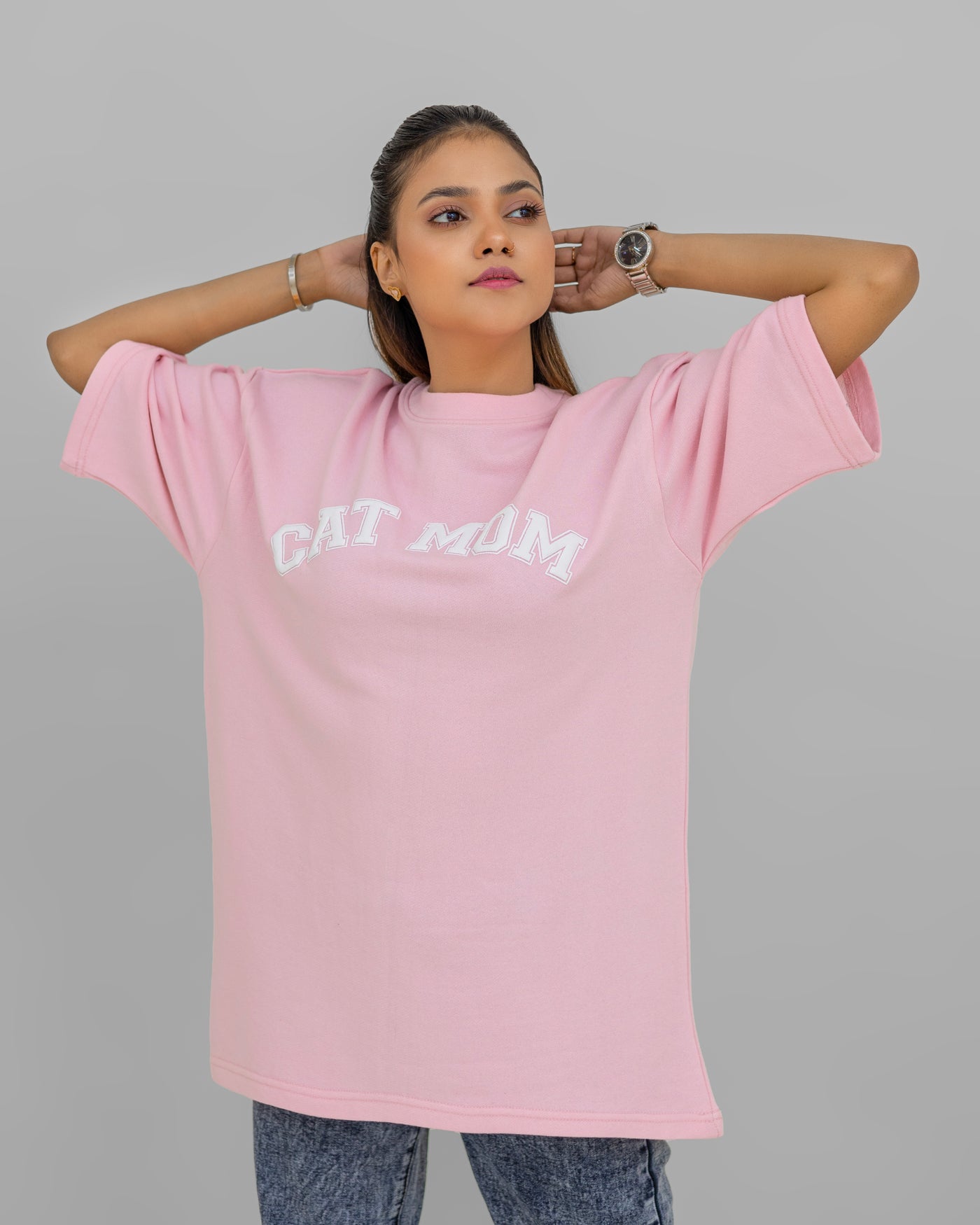 Rosy Paws Oversized Tee  –  “Cat Mom” Chest Print