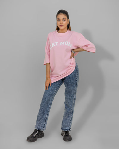 Rosy Paws Oversized Tee  –  “Cat Mom” Chest Print