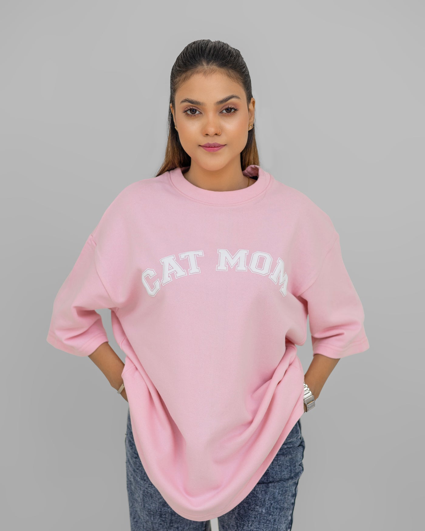 Rosy Paws Oversized Tee  –  “Cat Mom” Chest Print