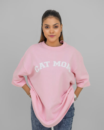Rosy Paws Oversized Tee  –  “Cat Mom” Chest Print
