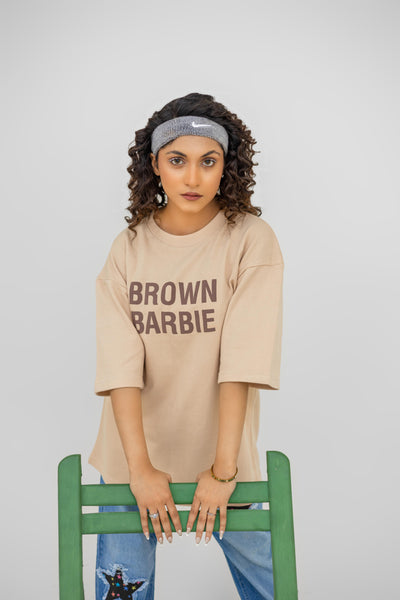 Latte Luxe Oversized Tee - “Brown Barbie” Chest Print