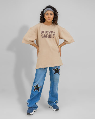 Latte Luxe Oversized Tee - “Brown Barbie” Chest Print