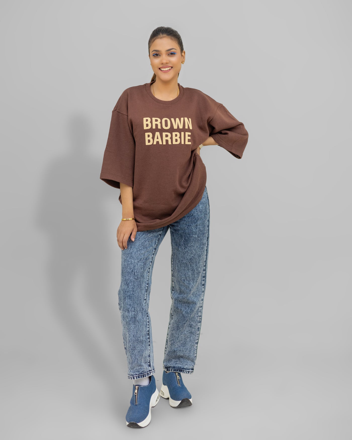 Chocolate Brown Oversized Tee –  “Brown Barbie” Chest Print