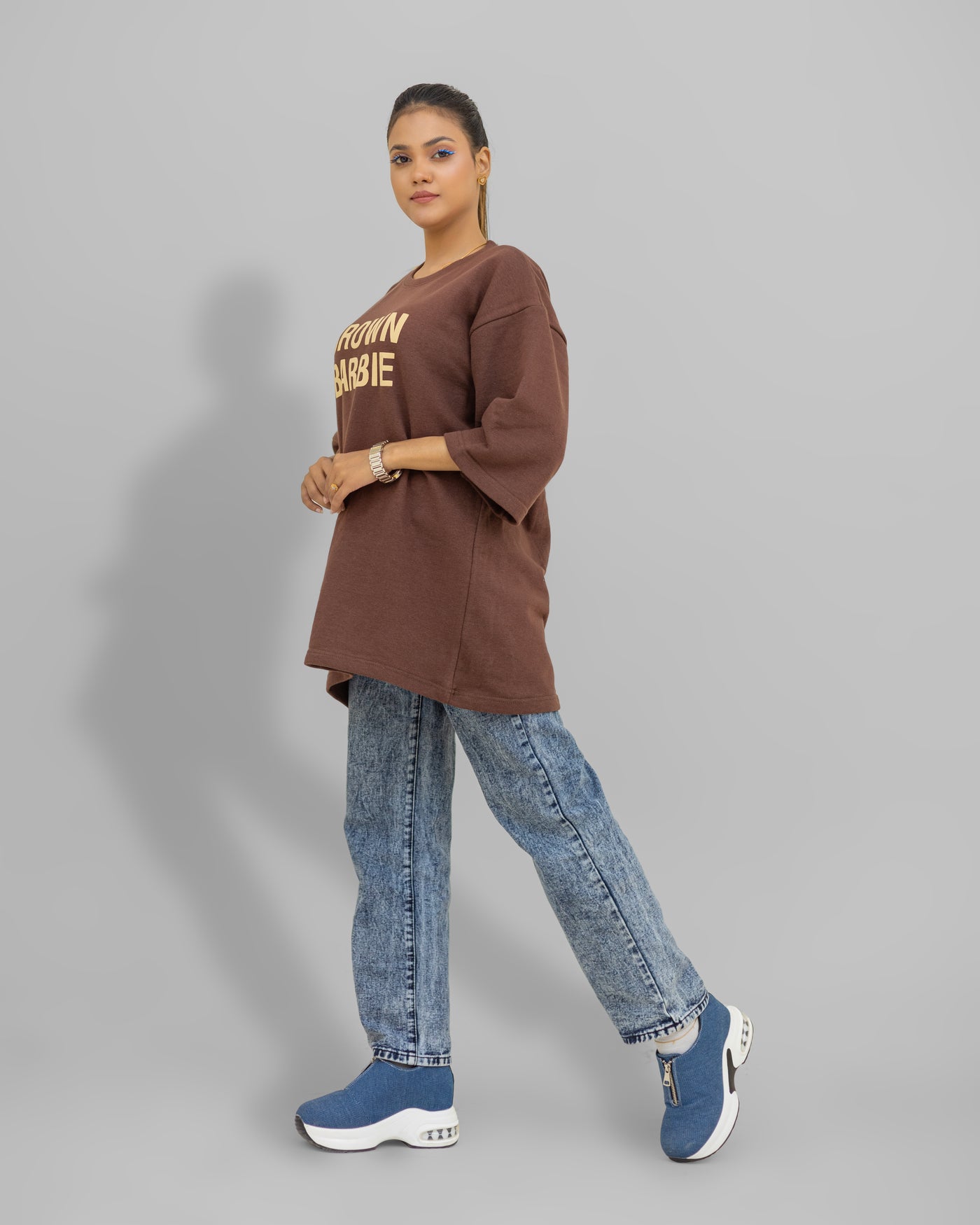 Chocolate Brown Oversized Tee –  “Brown Barbie” Chest Print