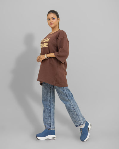 Chocolate Brown Oversized Tee –  “Brown Barbie” Chest Print