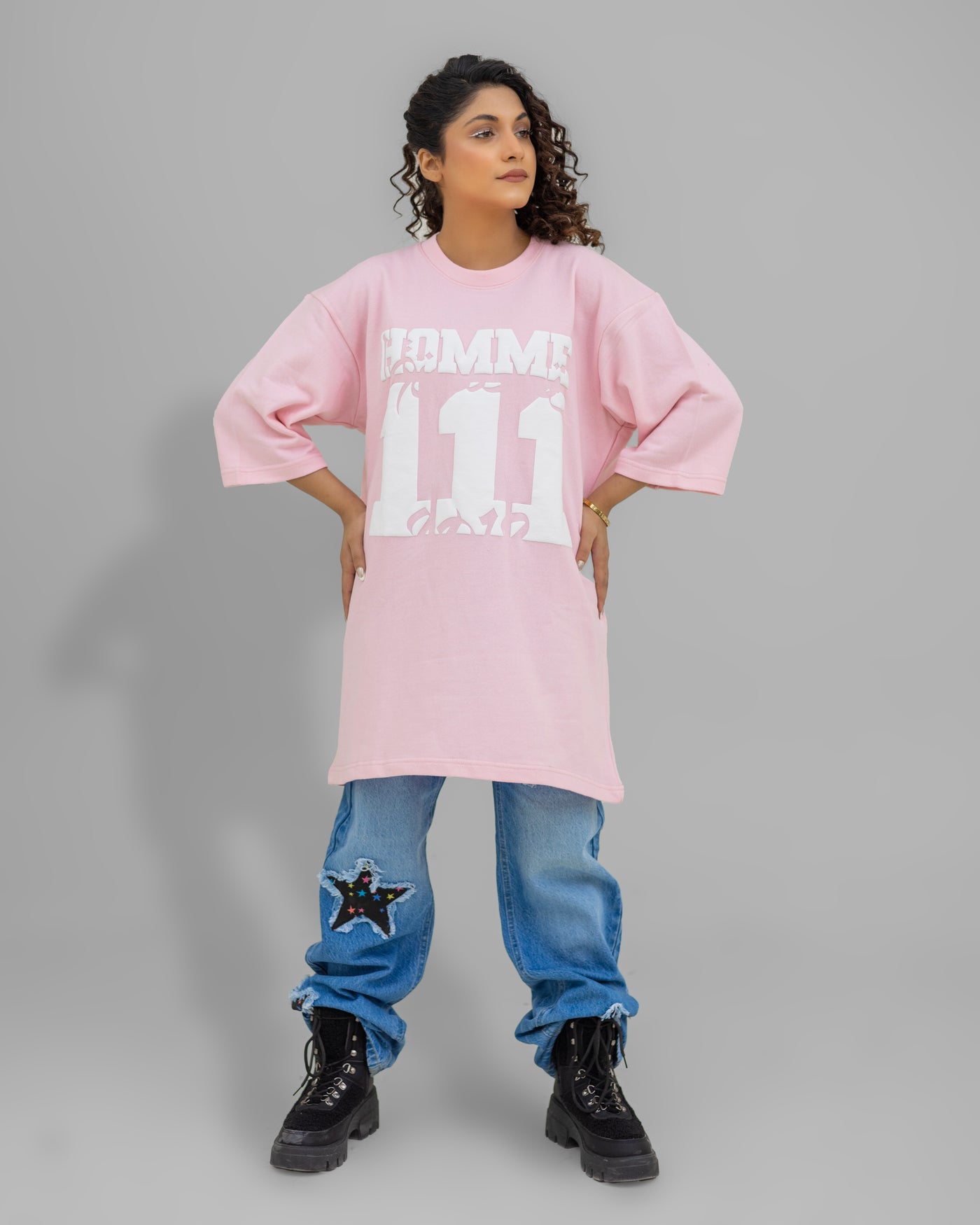 Pink Bloom – Oversized Tee with “Homme 111” Chest Print