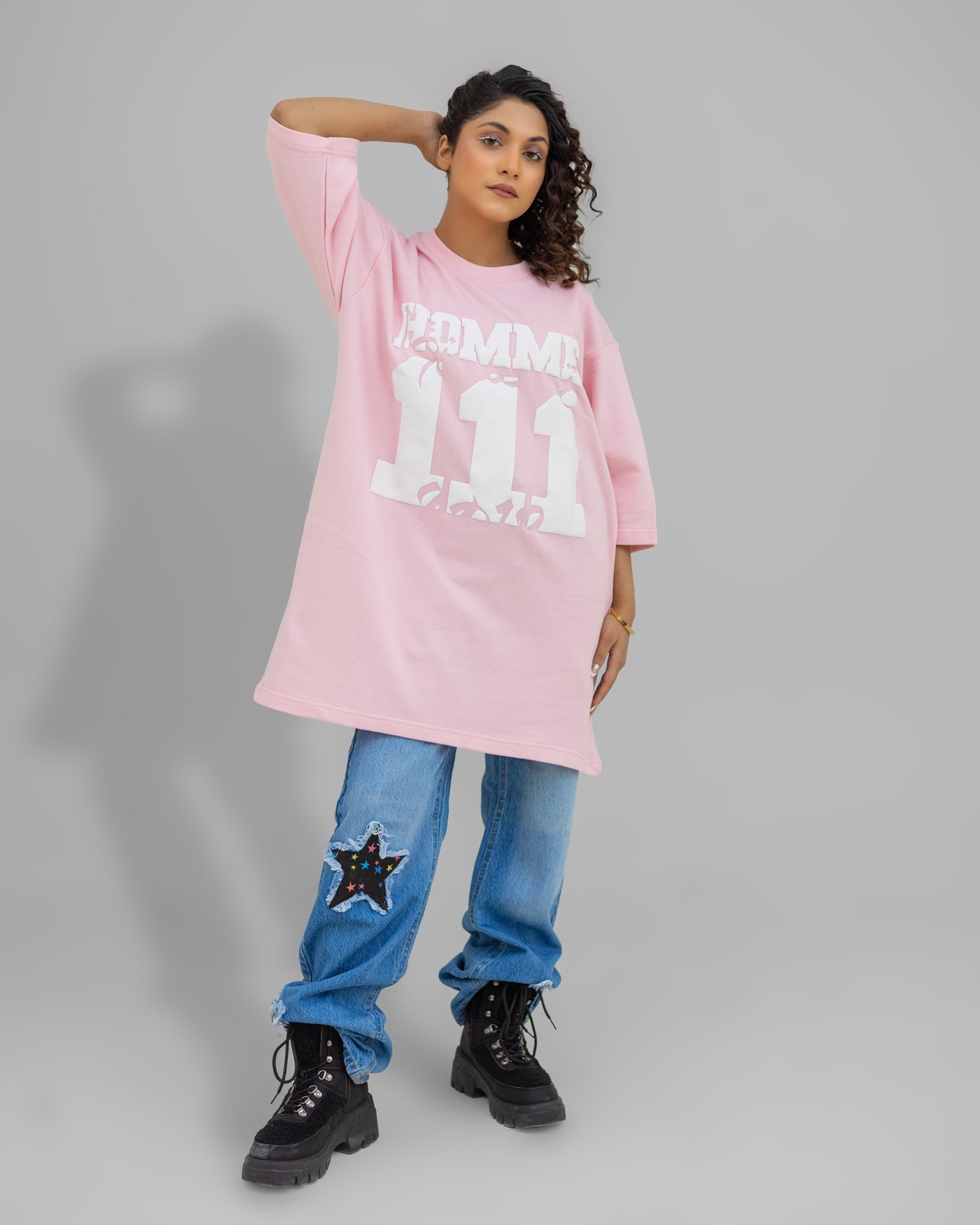 Pink Bloom – Oversized Tee with “Homme 111” Chest Print