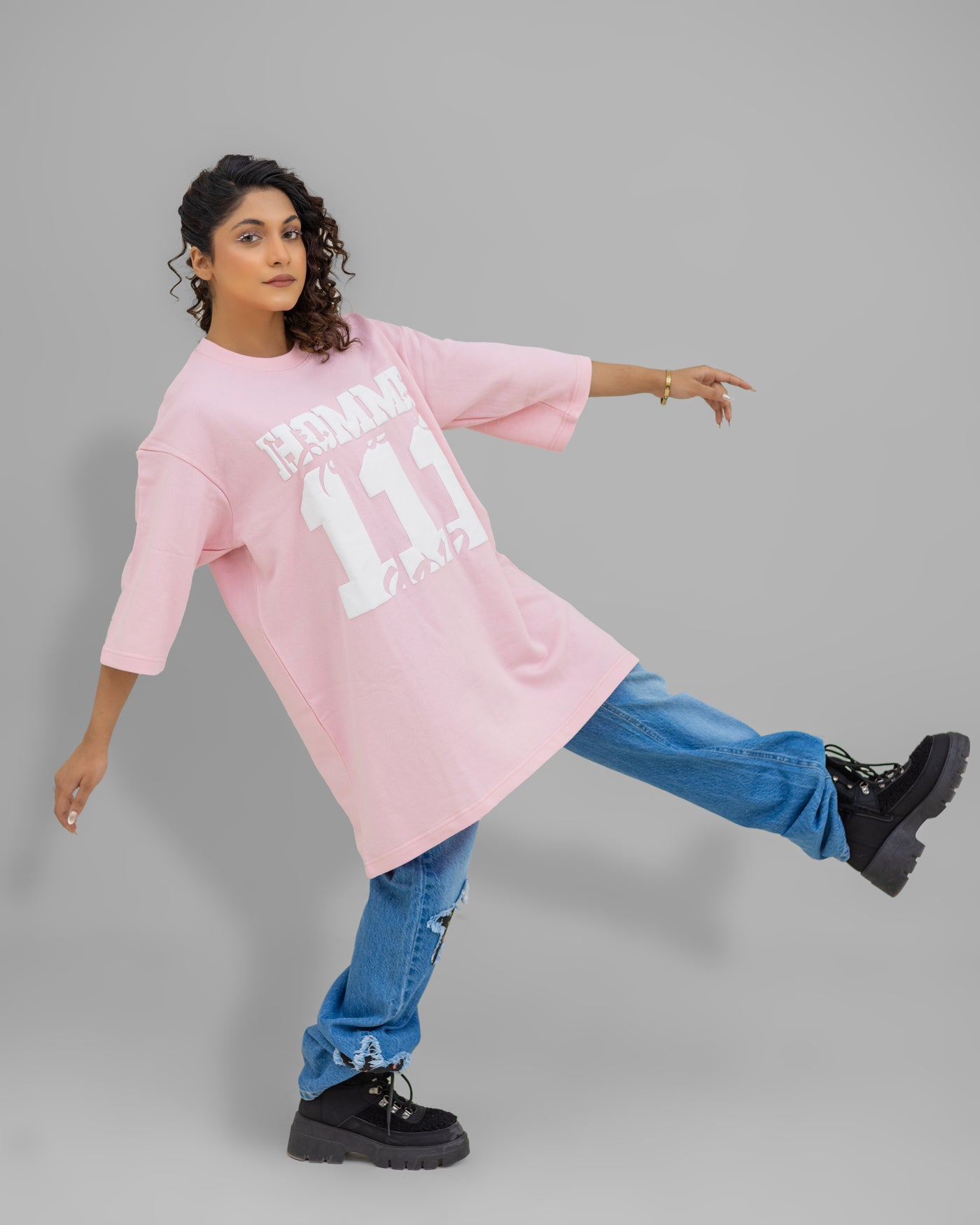 Pink Bloom – Oversized Tee with “Homme 111” Chest Print